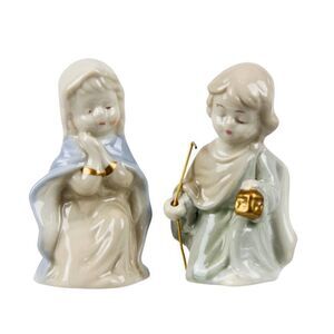 Mary and Joseph Figurines Glazed Ceramic with Gold Highlights 3.5 in Cottagecore